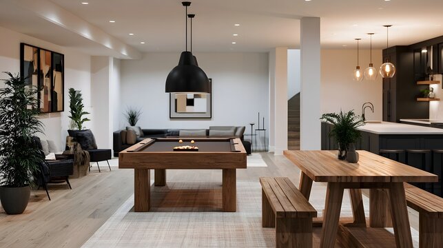 Modern minimalist game room with pool table  wooden dining table  and open plan living space featuring warm lighting and indoor plants