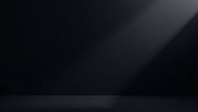 Minimalist black background featuring a sharp diagonal beam of soft white light hitting a smooth dark floor surface perfect for product display and professional creative advertising design projects fo
