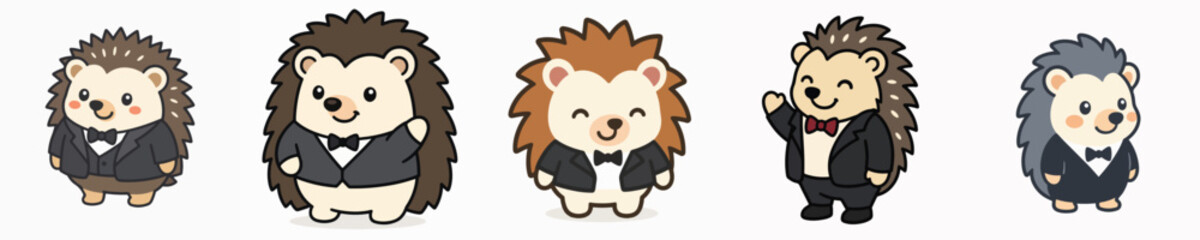 Fototapeta premium A set of cute and adorable hedgehog vectors dressed in tuxedos.