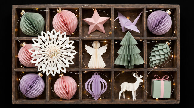Pastel paper Christmas decorations and ornaments in dark brown wooden  box with fairy Led lights. Preparing for Christmas holiday concept. 