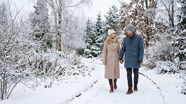 Couple walking along a snow-covered path in a winter forest