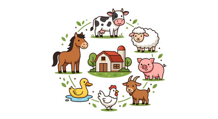 Naklejka premium Cute Flat Vector Illustration of Farm Animals and Red Barn House