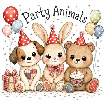 Puppy Bunny and Bear Cub Sitting Together in Party Hats