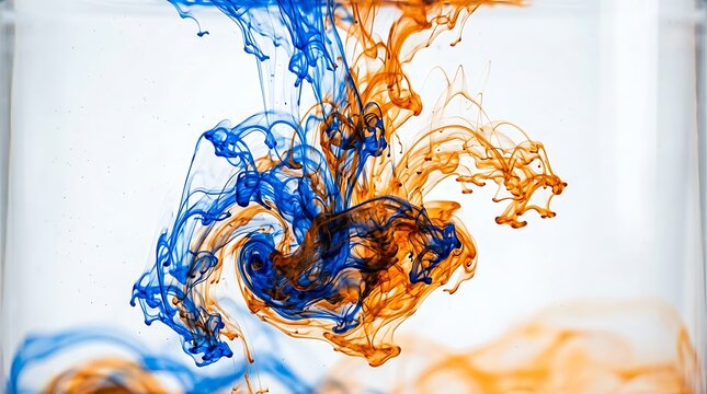 Blue and orange ink swirling and dispersing in clear water with liquid on transparent background