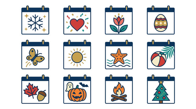 Yearly seasonal calendar and holiday event icons