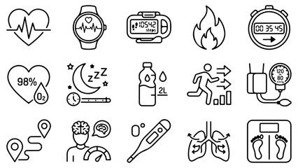 Fototapeta premium Set of simple black line health and fitness icons depicting exercise tracking and body monitoring