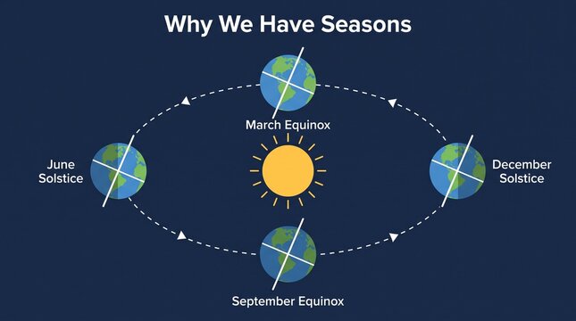 Earth seasons diagram showing axial tilt and solstices