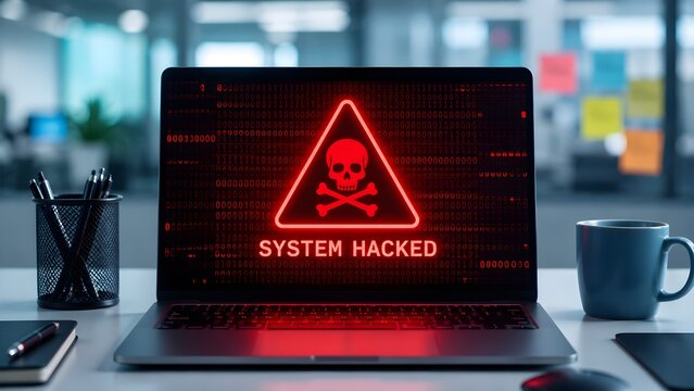 Laptop computer on office desk displaying a glowing red warning sign with a skull icon and system hacked message, symbolizing a cyber attack
