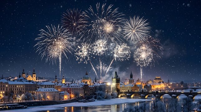 White fireworks exploding over a snowy european cityscape at night