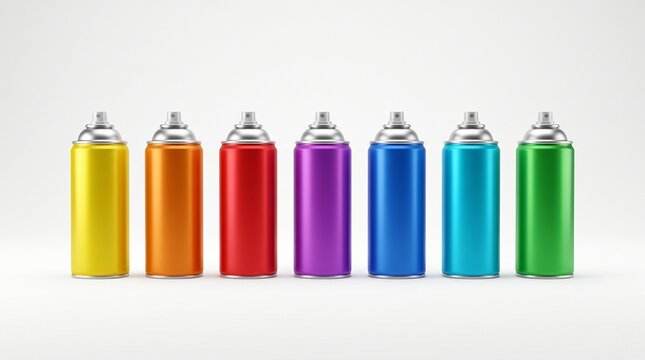 Row of colorful spray paint cans on white background