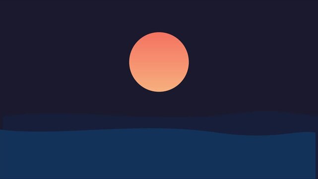 Minimalist night ocean landscape with glowing full moon motion animation 4k background