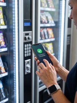 Woman using smartphone for contactless payment at vending machine