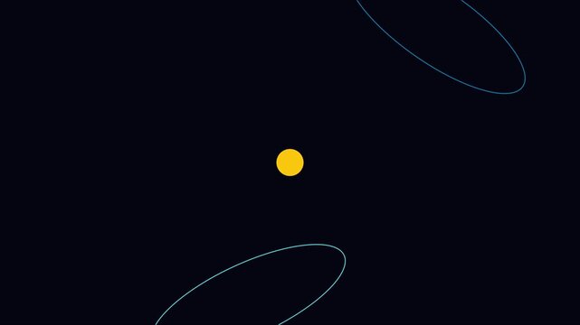 Minimalist abstract orbiting motion with yellow core and blue elliptical rings animation 4k