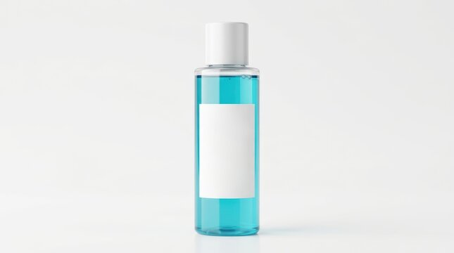 Clear bottle with blue liquid and white label for cosmetic or sanitizer.