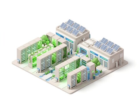 A minimalist isometric 3D illustration of an eco-friendly data center
