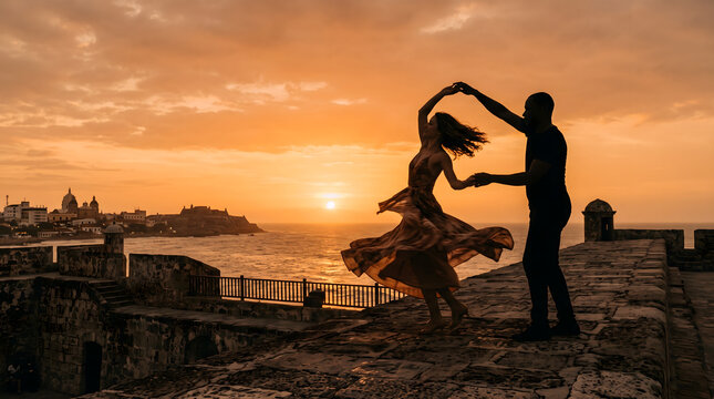 Romantic couple dancing at sunset by historic city wall