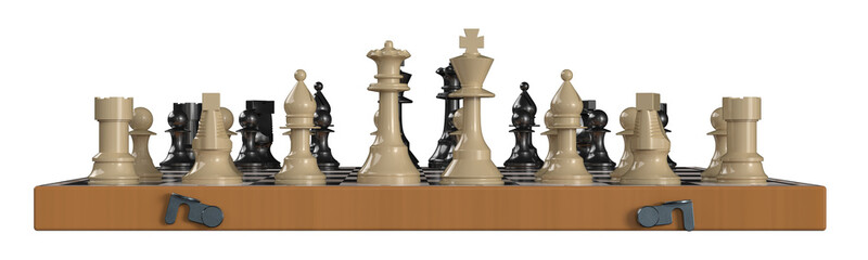 3D render of a wooden chessboard set with black and white glossy pieces isolated on white background.  © igor.nayda