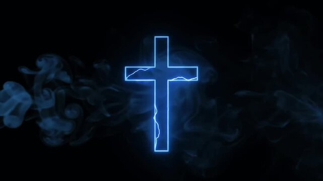 Christian Cross Glowing with Blue Light and Subtle Lightning in Dark Fog