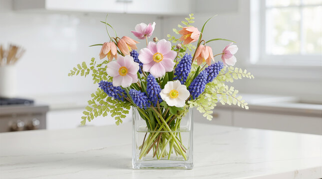 Fresh Spring Floral Arrangement with Blue Muscari, Pink Anemones, and Orange Bell Flowers in a Clear Glass Vase on a White Marble Kitchen Countertop