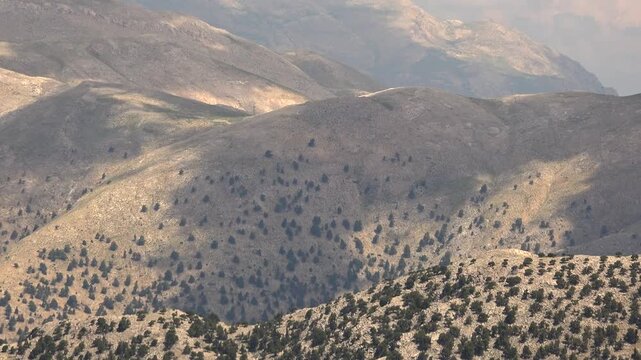 Timelapse shows cloud shadows drifting across rocky valleys and sparsely forested mountains. Fixed zoom reveals deep ridges shrubs slow light movement over rugged relief under clear weather.