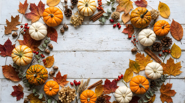 Autumn background with pumpkins and colorful fall leaves arranged on a rustic white wooden board surface