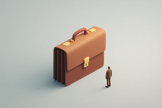 Isometric view of a large brown briefcase with a tiny figure beside it, business and career concept, 3D illustration