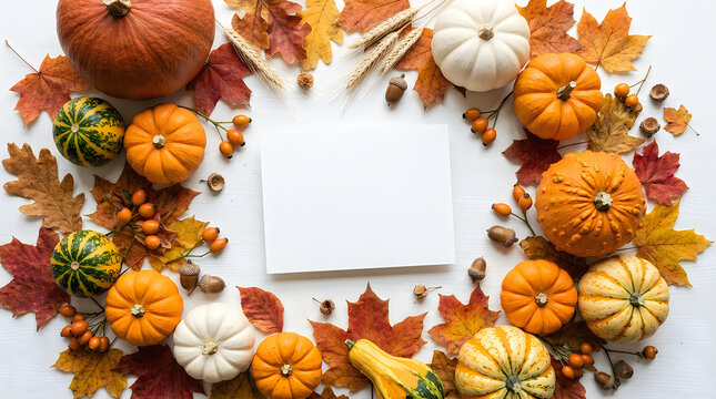 Autumn harvest background with assorted pumpkins and colorful fall leaves surrounding a blank white paper space