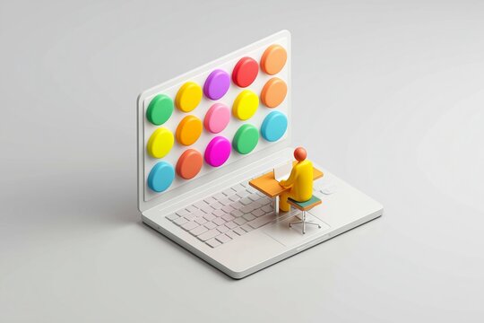 Isometric view of a laptop screen showing colorful video call tiles with a figure at a wooden desk, remote work concept, 3D illustration