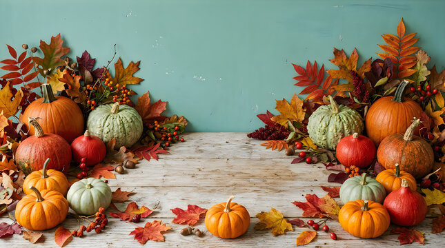 Festive autumn background with colorful pumpkins and dried fall leaves on a rustic wooden table surface