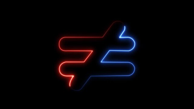 Neon glowing not equal math symbol in blue and red