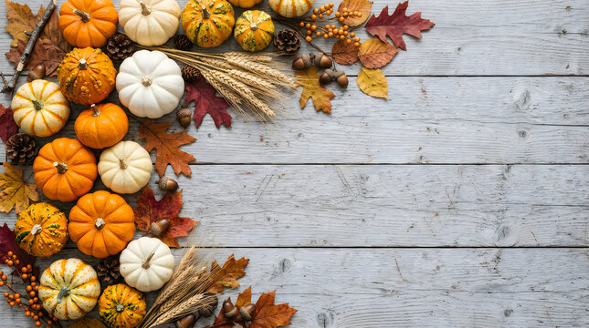 Top view of decorative pumpkins and colorful autumn leaves on a rustic white wooden background board