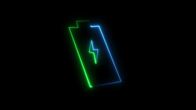 Neon battery charging icon with green and blue lights