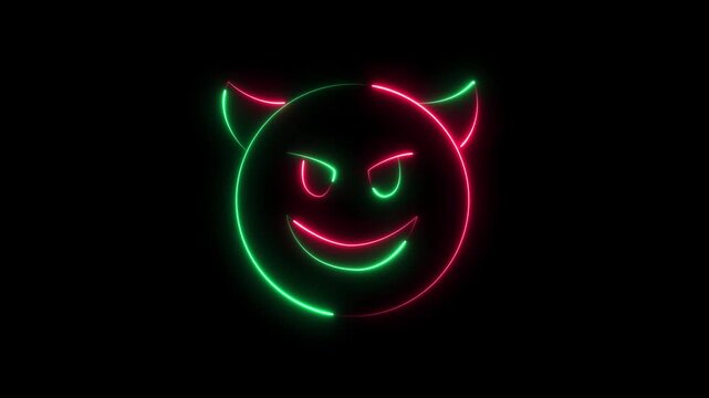 Neon devil face with green and red glowing lights