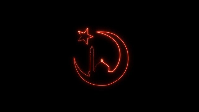 Neon red crescent moon and mosque symbol for Ramadan