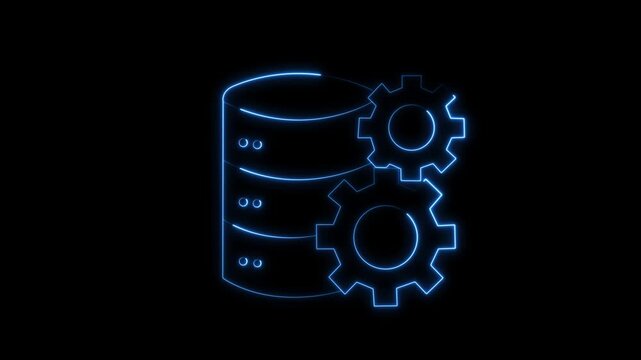 Blue neon database server icon with gears