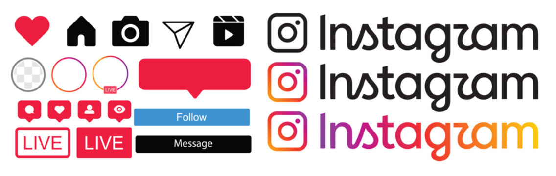 Instagram icons, interface buttons and updated Instagram wordmark logo with colorful, black and white variations isolated vector illustration