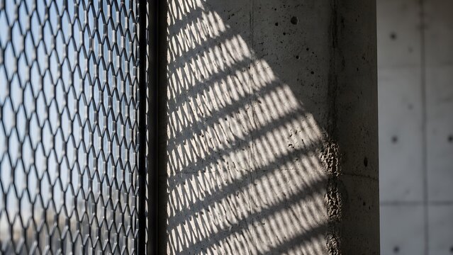 Intricate sunlight shadows cast through industrial metal wire mesh fencing onto raw concrete wall surface in a modern architectural building interior