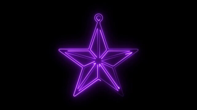 Purple neon five pointed star ornament on black background glowing light 4k video.
