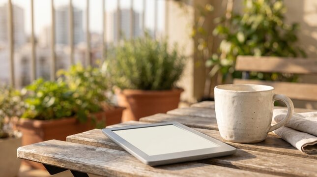 Electronic reader device with a blank screen and a cup of coffee on a wooden table on a sunny balcony