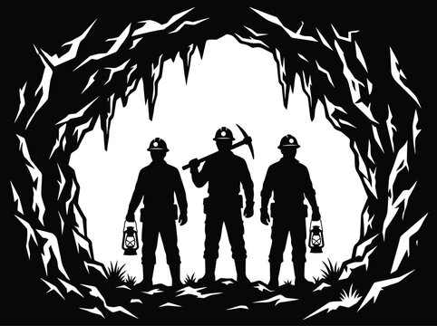 Three miners with lanterns and pickaxes stand in a cave silhouette during exploration