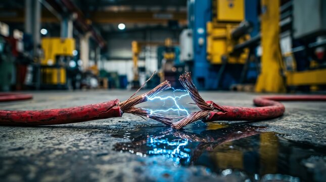 Damaged electrical cable sparking in a puddle on a factory floor.