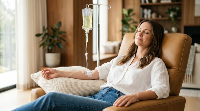 Relaxed woman receiving intravenous vitamin infusion therapy while sitting in a comfortable chair at home.