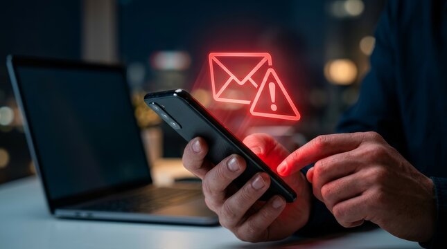 A warning spam email alert appears on a smartphone and laptop highlighting phishing scams.