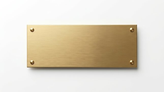 Blank brass nameplate with four rivets isolated on a white background.