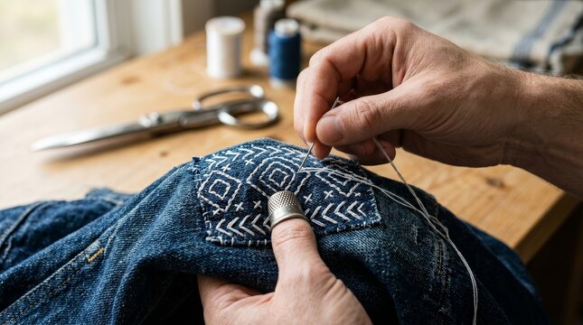 A person is mending denim fabric using intricate white stitching techniques.