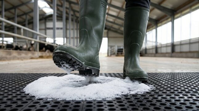 Green farm boots stepping on a biosecurity mat for hygiene and bird flu prevention.