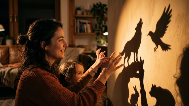 Dramatic shadow puppets of animals are created by people against an illuminated wall.