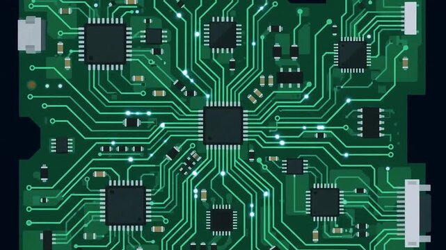 Electronic Circuit Board with Glowing Electrical Flow Animation
