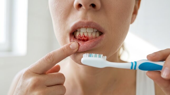 Young woman examining her red bleeding gums while holding a toothbrush