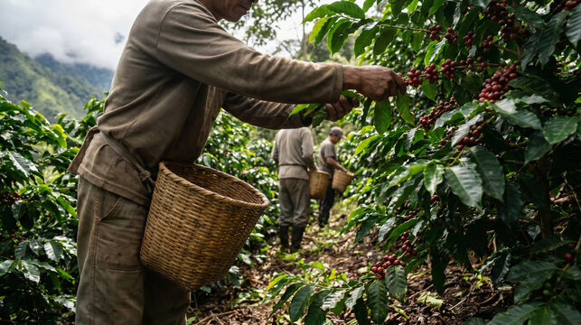 Hand-Select Coffee Cherries in a Dense Mountain Plantation Row